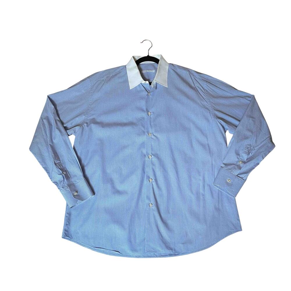 Men's Luciano Moresco Button-Down Dress Shirt Blue Micro Check Cotton Size XL